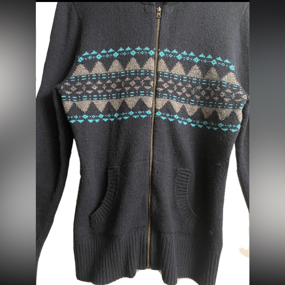 EDDIE BAUER - Navy Blue Wool Blend Fair Isle Nordic Full Zip Knit Hoodie Women M - Picture 2 of 6